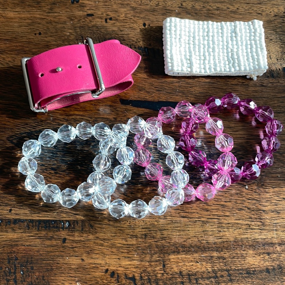 ALDO white beaded, pink leather and multi-pink/white acrylic beaded bracelets